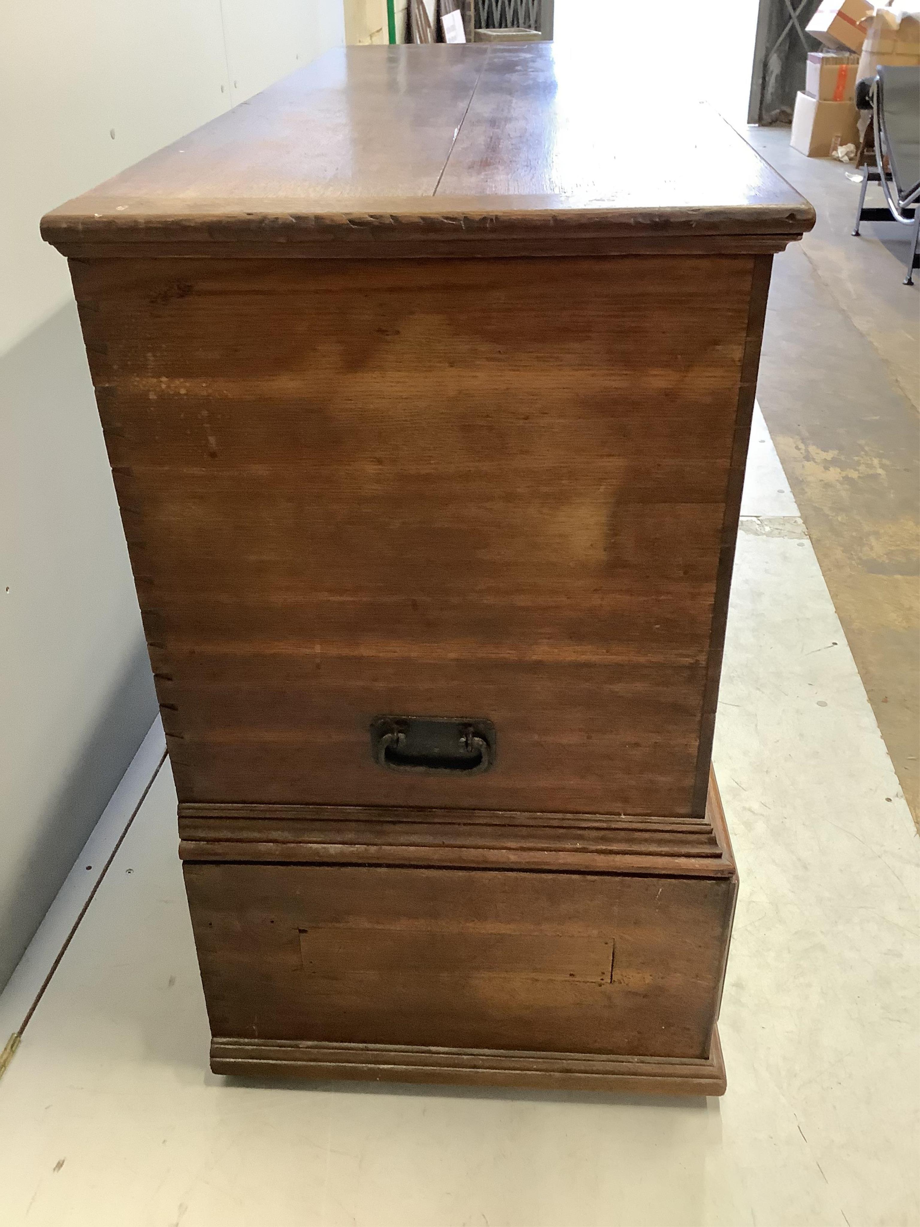 An 18th century oak mule chest, width 143cm, depth 55cm, height 98cm. Condition - fair